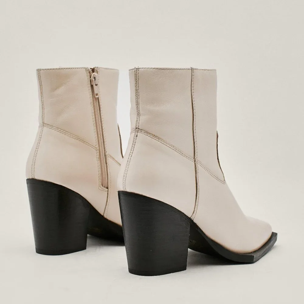 NASTY GAL Contrast Off White Leather Western Ankle Heel Boots - Picture 14 of 15